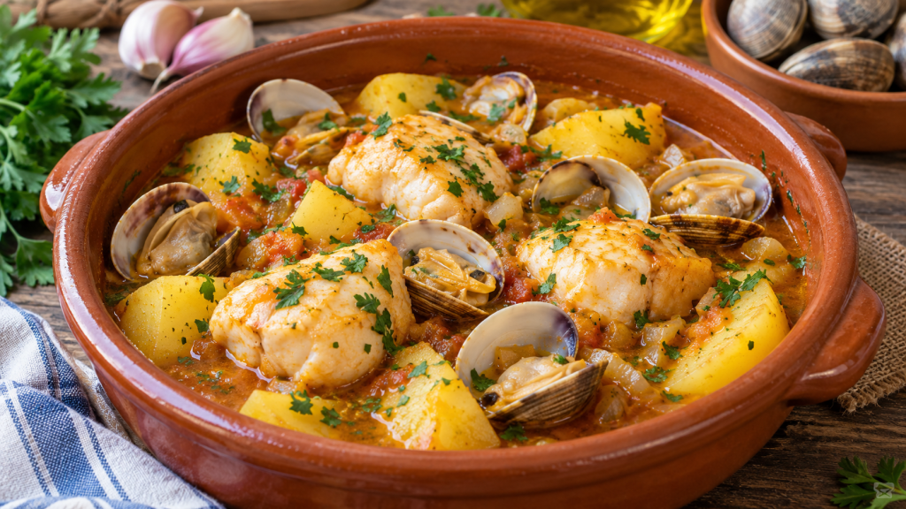 Suquet de rape con patatas y almejas en cazuela de barro con caldo marinero
