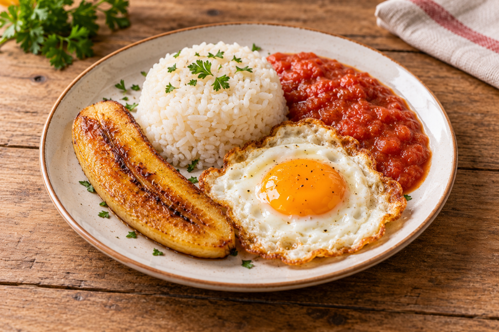Plato completo de arroz a la cubana con arroz blanco, salsa de tomate casera, huevo frito y plátano dorado, centrado y fotografiado en tres cuartos