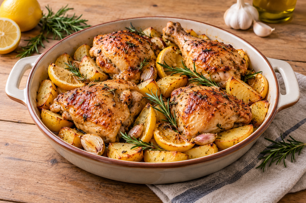 Pollo asado dorado con patatas, limón, ajo y romero en una fuente cerámica centrada sobre una mesa de madera