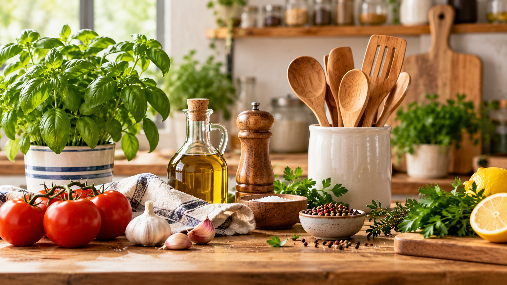 Ingredientes y utensilios de cocina sobre una encimera de madera fotografiados frontalmente