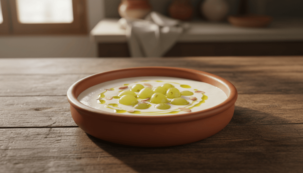 Cuenco de ajoblanco malagueño cremoso y blanco, con uvas moscatel partidas por la mitad y aceite de oliva