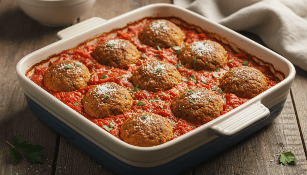 Albóndigas de lentejas al horno servidas con salsa de tomate casera en un plato