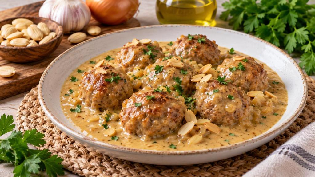 Albóndigas doradas de carne en salsa cremosa de almendras, con perejil y almendras tostadas en plato de cerámica.