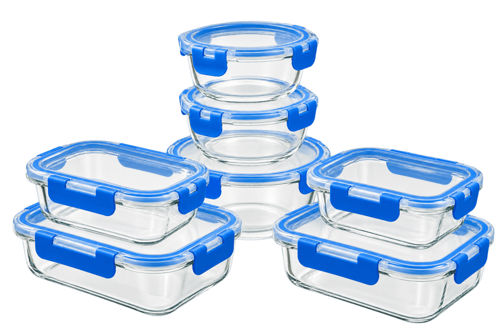 Juego de siete recipientes de vidrio con tapas azules y fondo transparente