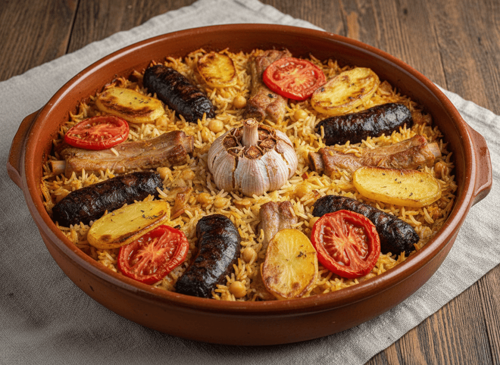Cazuela completa de arroz al horno valenciano con costillas, morcilla, garbanzos, patata, tomate y ajo, fotografiada con luz natural.
