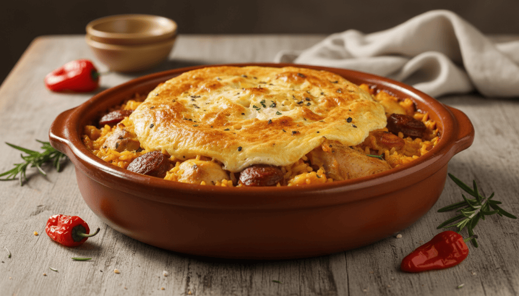 Arroz con costra de Elche en cazuela, con superficie de huevo dorada y embutidos