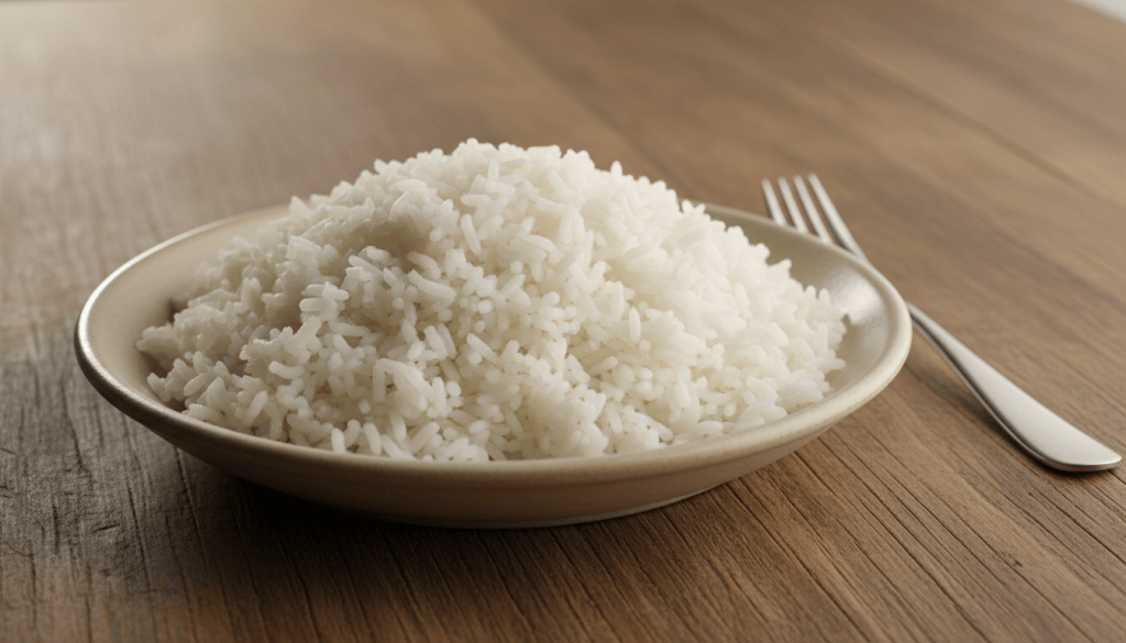 Plato de arroz blanco con los granos sueltos y cocidos en su punto