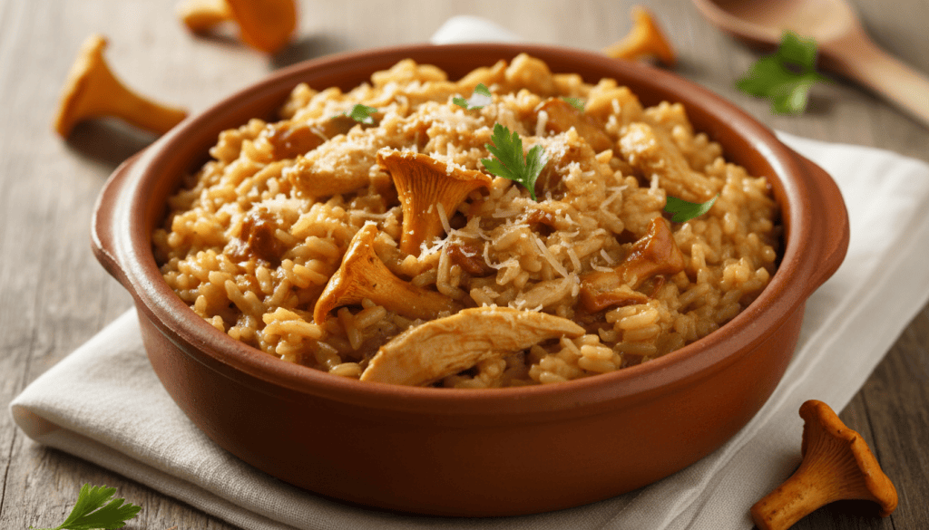 Arroz meloso con níscalos y pollo servido en una cazuela, con setas y trozos de pollo