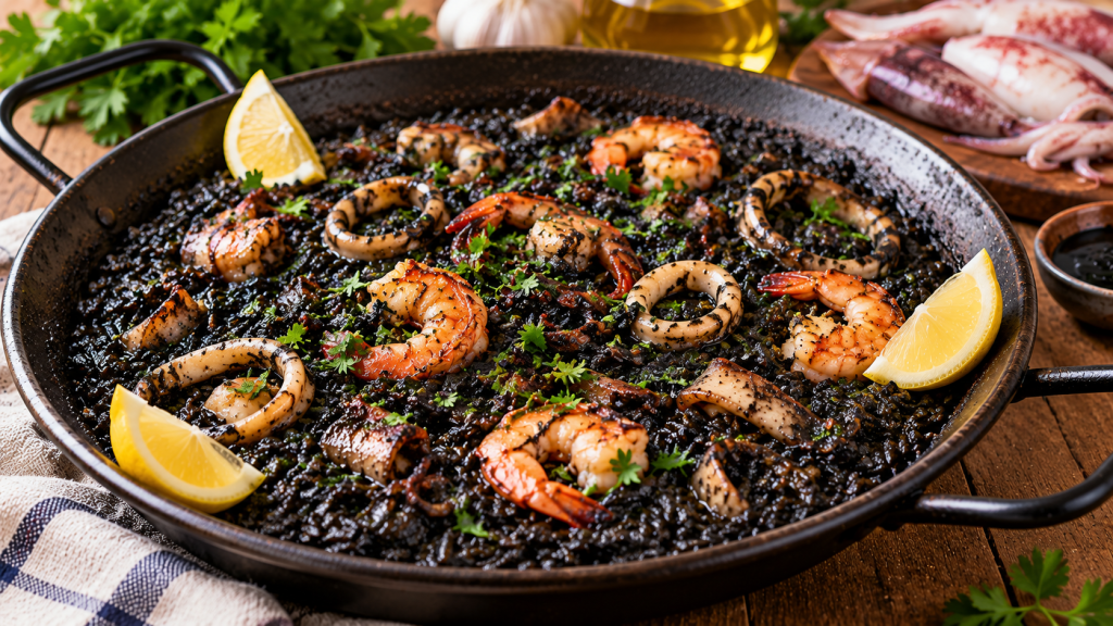 Paellera de arroz negro con tinta de calamar, sepia, gambas y gajos de limón