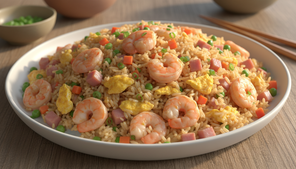 Plato de arroz tres delicias con gambas, tortilla, jamón cocido, guisantes y zanahoria, servido sobre una mesa de cocina