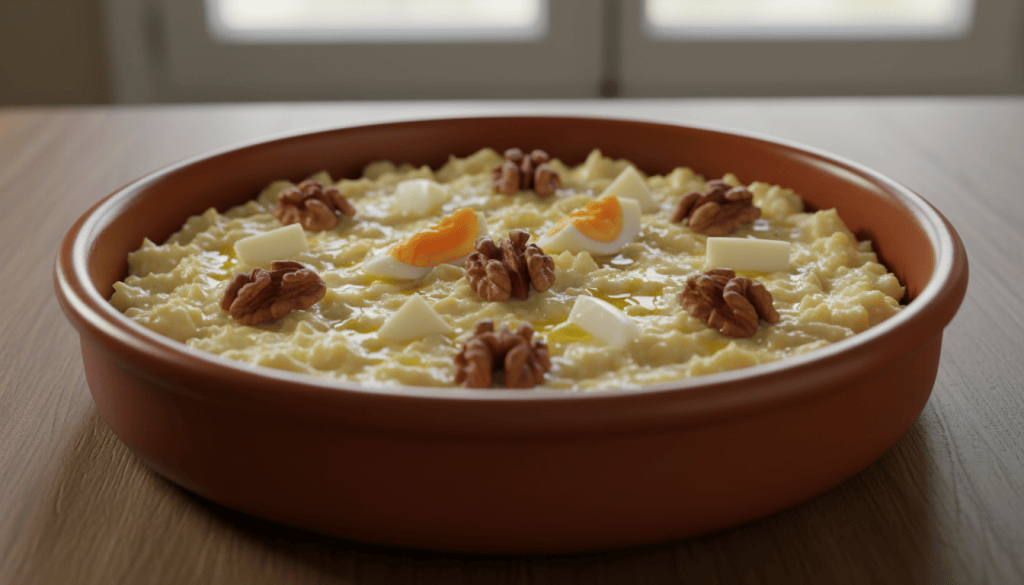 Fuente de atascaburras manchego cremoso con bacalao, patatas, huevo cocido y nueces