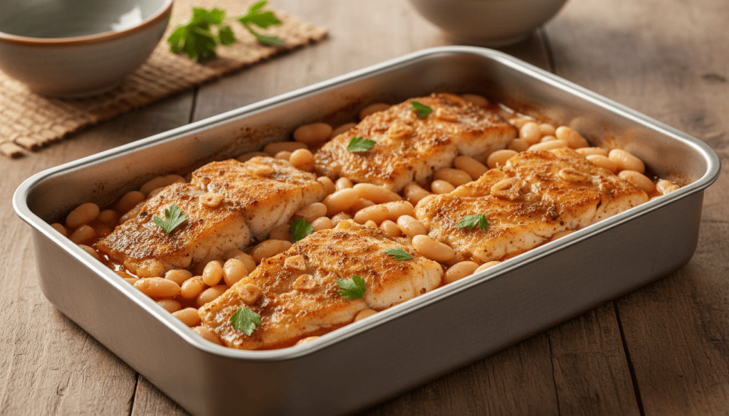Bacalao a la llauna con alubias blancas, ajo, pimentón y perejil en una fuente