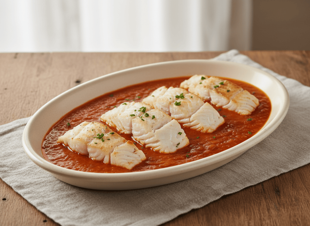 Fuente completa de bacalao a la vizcaína con cuatro lomos en salsa roja de pimiento choricero.