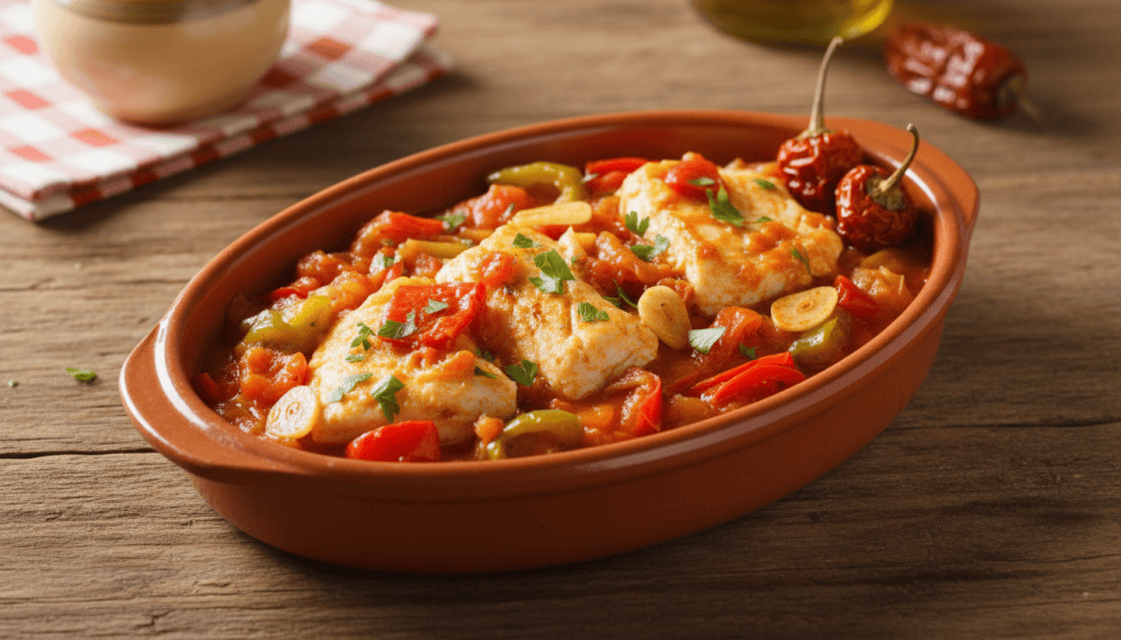 Fuente de bacalao al ajoarriero navarro con lascas de bacalao, pimientos rojos y verdes y salsa de tomate