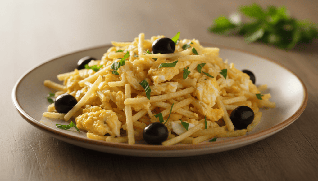 Plato de bacalao dorado portugués con patatas paja, huevo, perejil y aceitunas negras
