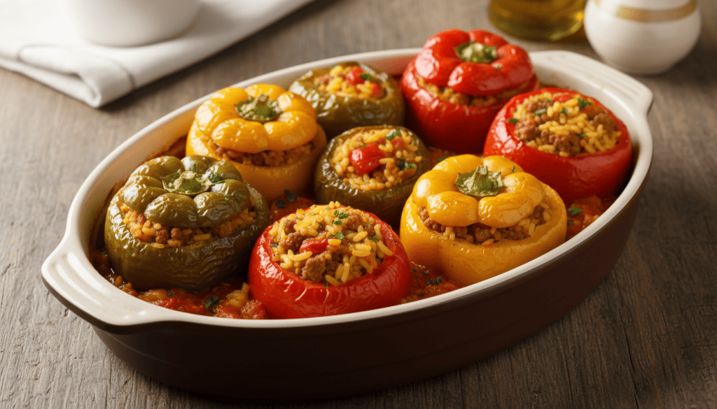 Cuatro pimientos rojos asados rellenos de arroz con carne y tomate, bajoques farcides alicantinas, en una fuente de horno