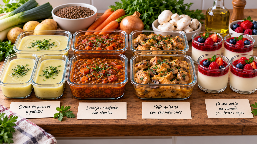 Recipientes con crema de puerros y patatas, lentejas estofadas, pollo guisado con champiñones y panna cotta de frutos rojos