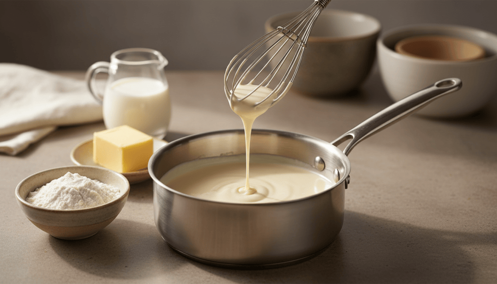 Cazo con bechamel cremosa y lisa, varillas de cocina, leche, harina y mantequilla sobre una mesa de cocina
