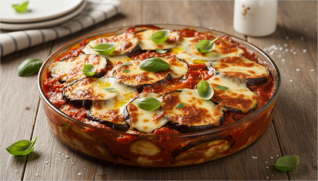 Fuente de berenjenas a la parmesana gratinadas en capas con tomate, mozzarella fundida y hojas de albahaca