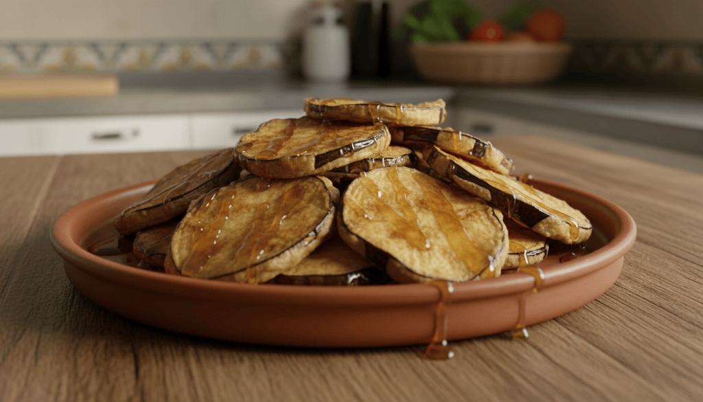 Fuente de berenjenas fritas crujientes con hilos de miel de caña, al estilo andaluz
