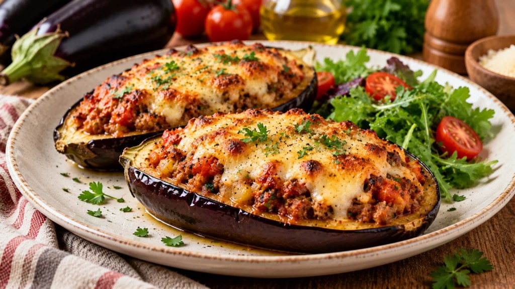 Berenjenas rellenas de carne y verduras gratinadas al horno
