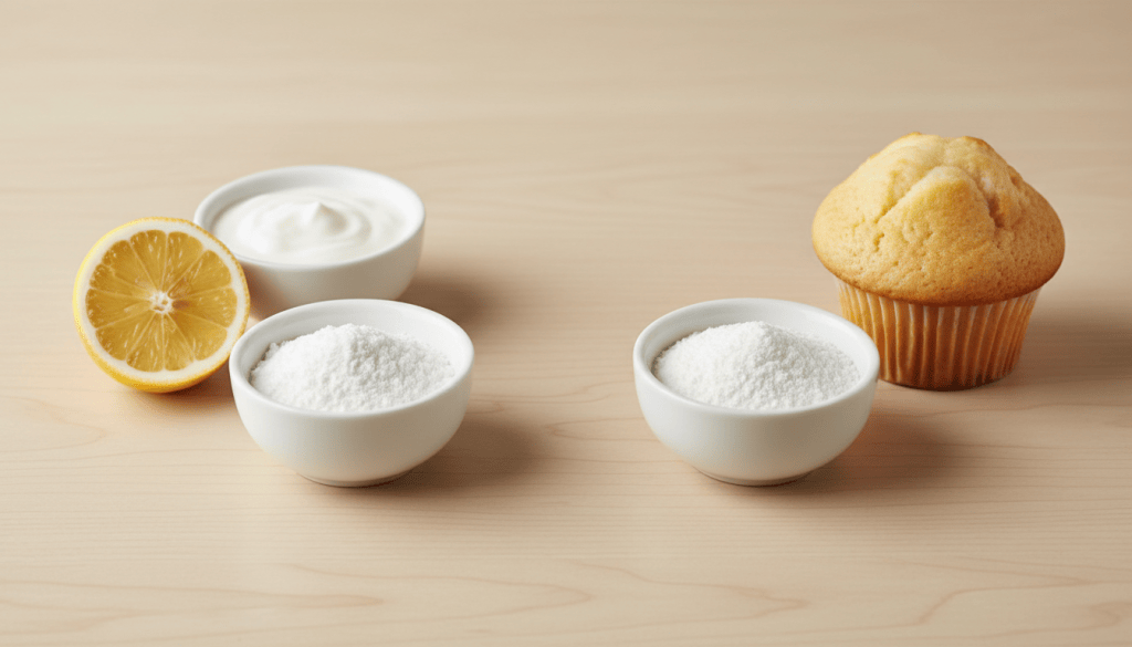 Dos cuencos con bicarbonato y levadura química junto a limón, yogur y una magdalena esponjosa, para comparar sus usos en repostería