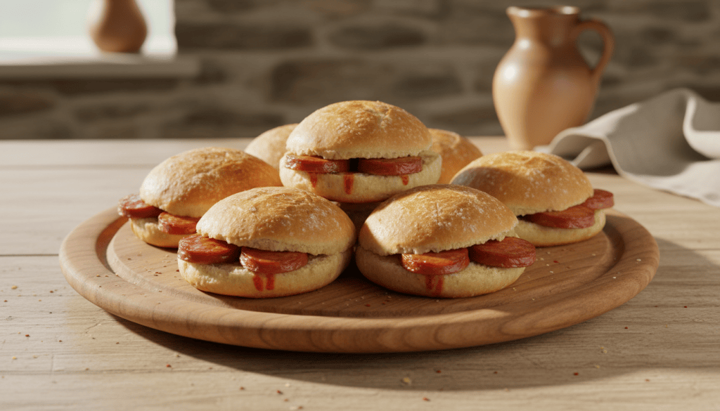 Fuente de bollos preñaos asturianos de chorizo, panecillos dorados rellenos de chorizo, sobre una mesa de cocina