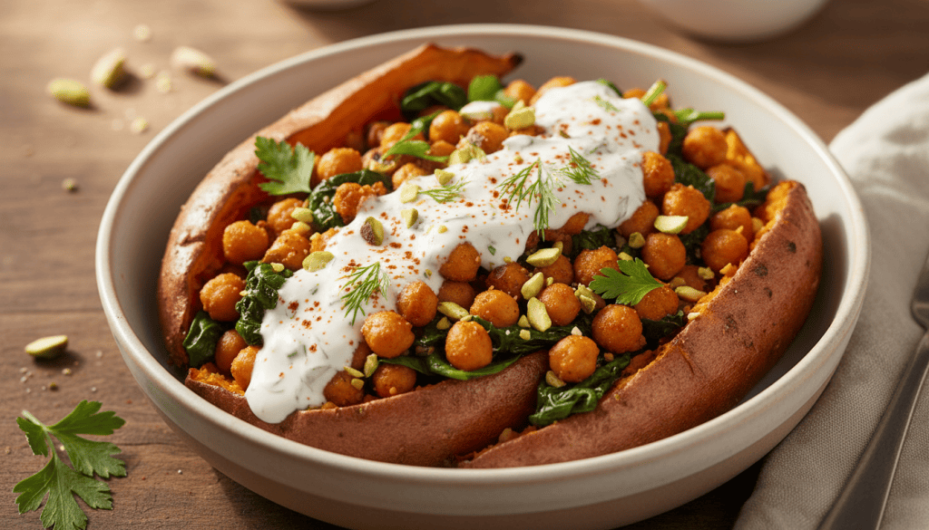 Fuente con cuatro boniatos asados abiertos, rellenos de garbanzos y espinacas y acompañados de salsa de yogur y limón