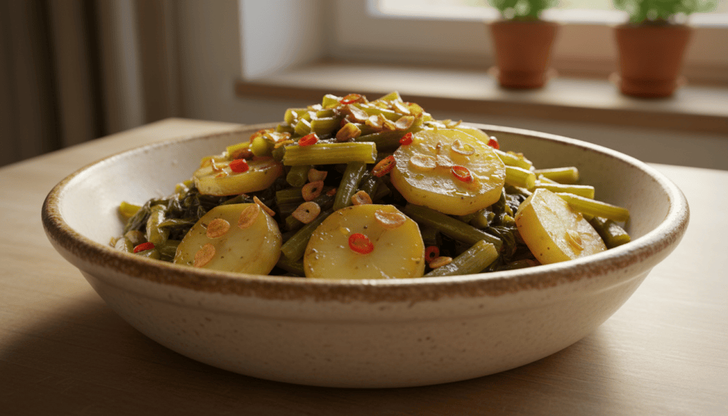 Borrajas tiernas con patatas cocidas y refrito de ajo dorado, servidas en una fuente