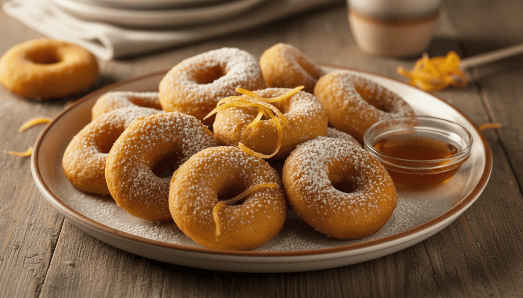 Plato de buñuelos de calabaza valencianos tradicionales, dorados y espolvoreados con azúcar