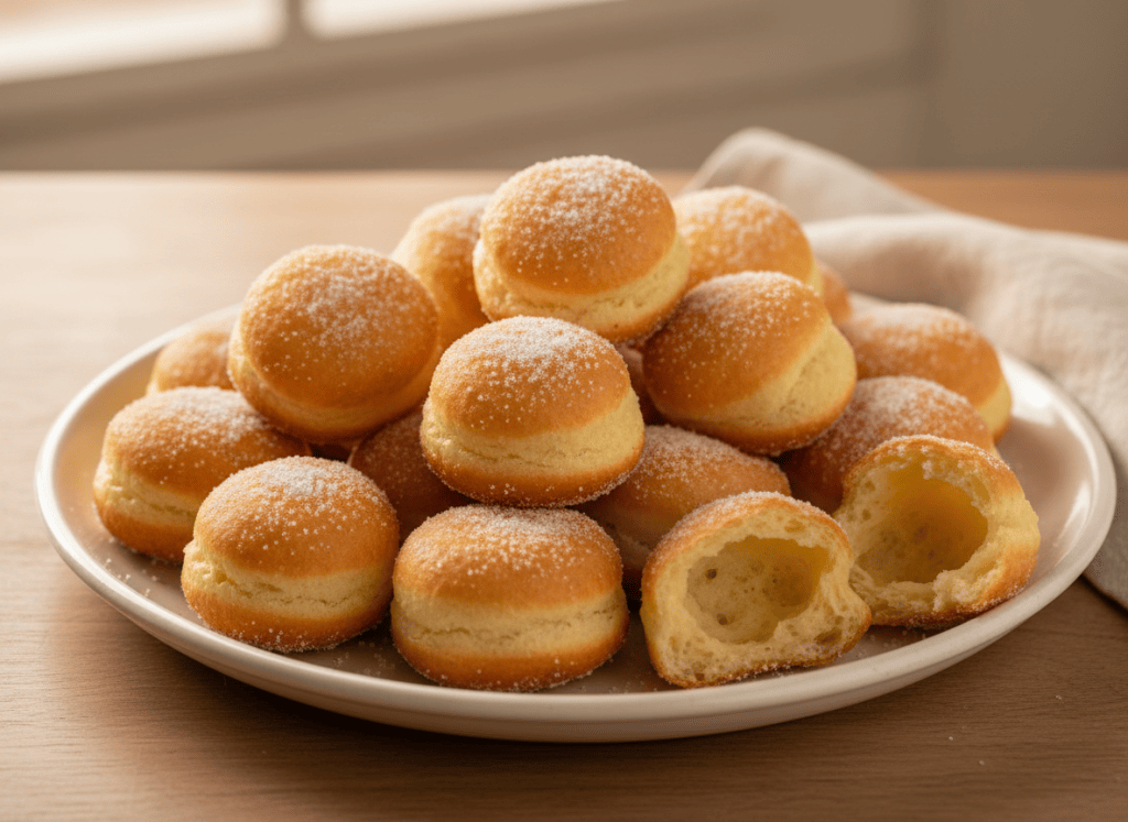 Plato completo de buñuelos de viento tradicionales dorados, espolvoreados con azúcar, con uno abierto que muestra su interior hueco.