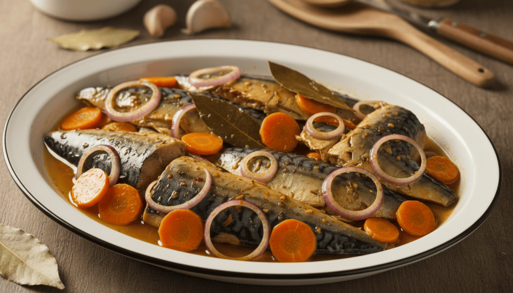 Fuente de caballa en escabeche tradicional con cebolla, zanahoria, ajo y laurel