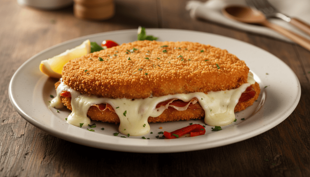 Cachopo asturiano de ternera empanada, relleno de jamón serrano y queso fundido, dorado en un plato