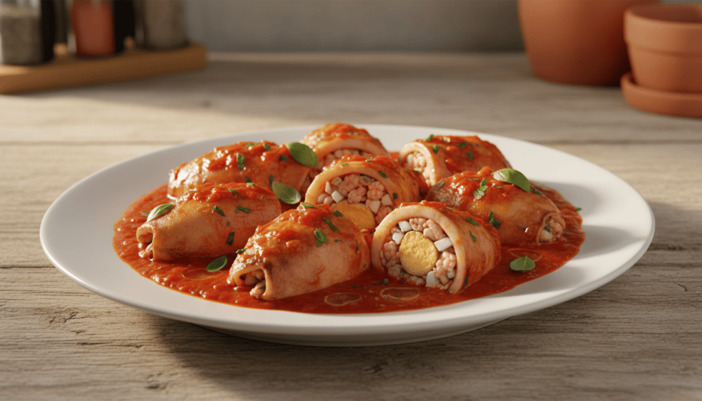 Calamares rellenos de gambas y huevo duro cortados en rodajas y servidos con salsa de tomate casera