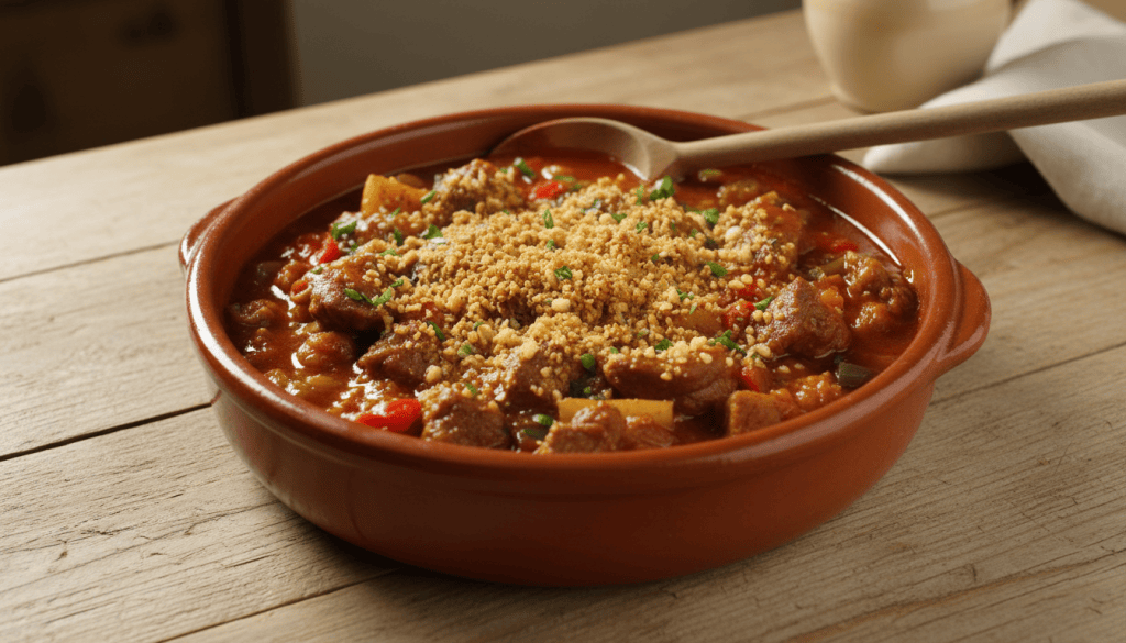 Caldereta de cordero extremeña con trozos de cordero en salsa de pimentón y majado de ajo y almendras, servida en una cazuela