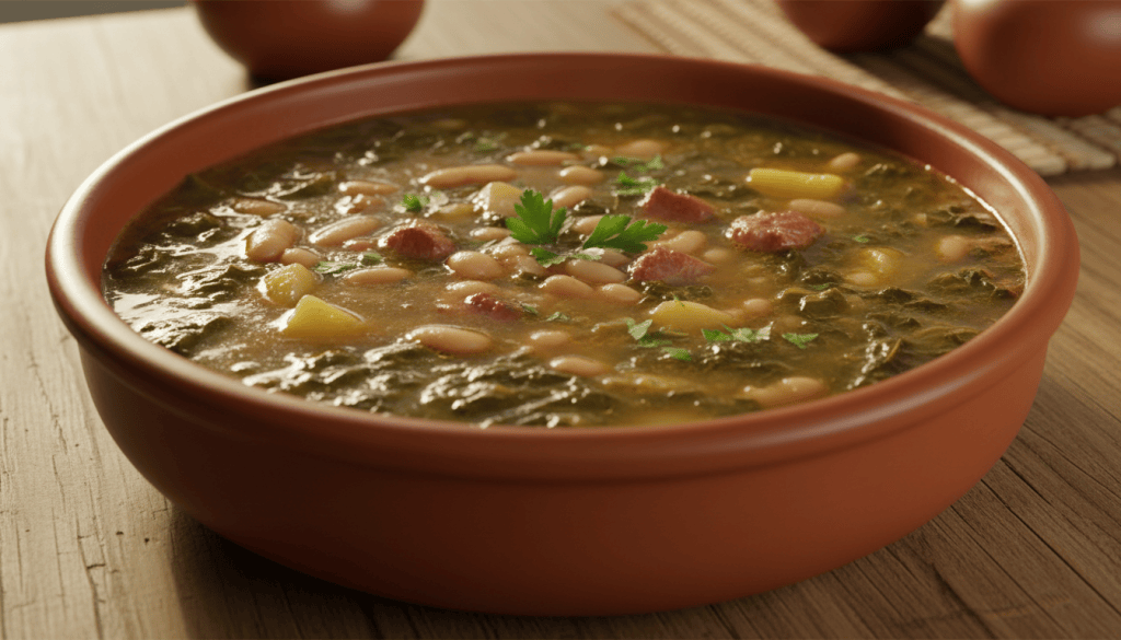 Cuenco de caldo gallego tradicional con grelos, alubias blancas, patatas y chorizo