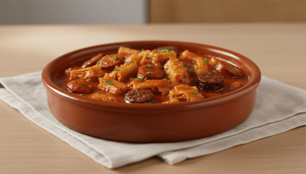 Cazuela de barro con callos a la madrileña, chorizo y morcilla en salsa de pimentón, vista de tres cuartos