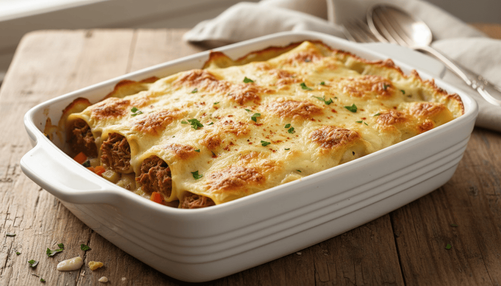 Canelones de carne con bechamel: receta casera gratinada