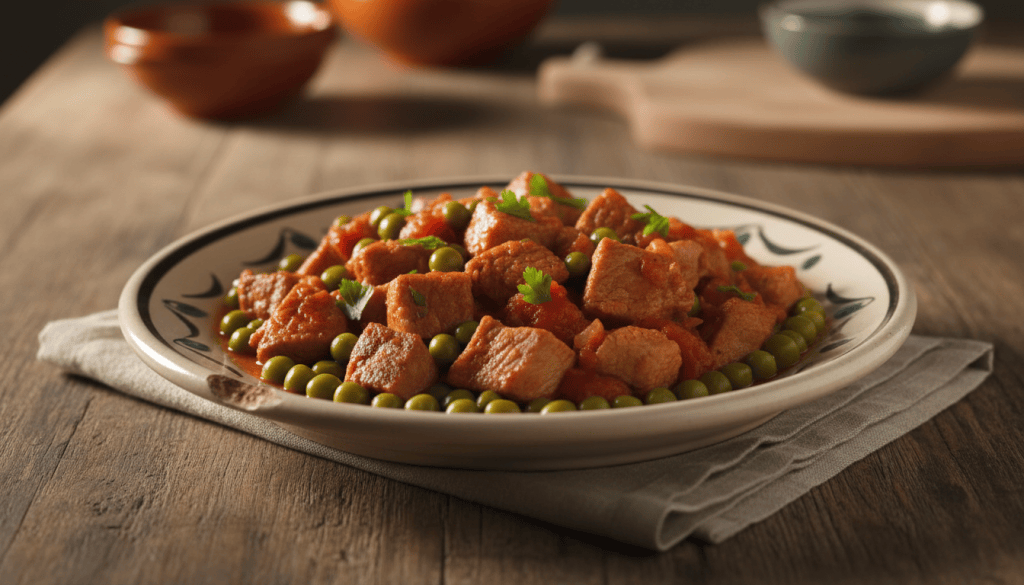 Cazuela de carcamusas toledanas con magro de cerdo en salsa roja de tomate, guisantes y chorizo