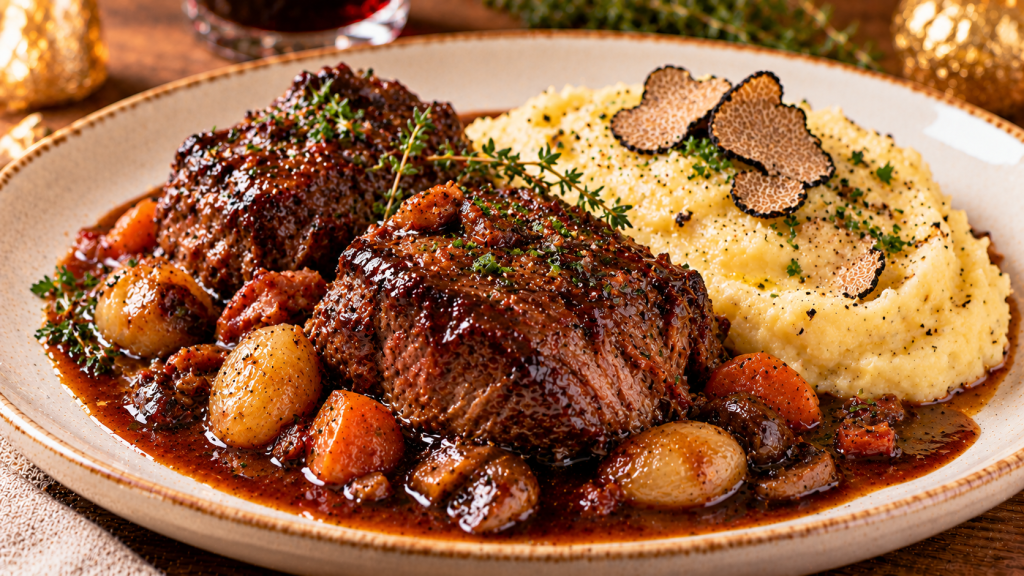 Carrilleras de ternera melosas con salsa de vino tinto y verduras junto a un puré cremoso de patata con láminas de trufa negra