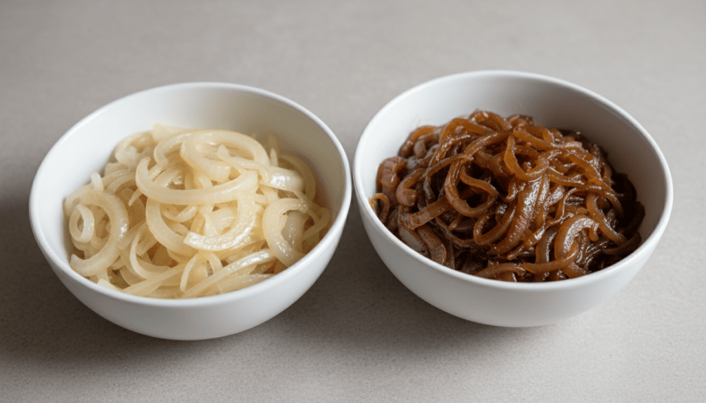 Dos cuencos con cebolla pochada clara y translúcida a la izquierda y cebolla caramelizada dorada oscura a la derecha, sobre una encimera de cocina.