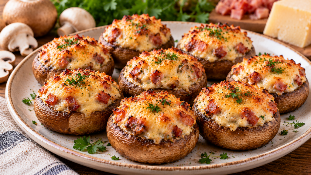 Champiñones grandes al horno rellenos de jamón en dados y queso gratinado dorado, con perejil