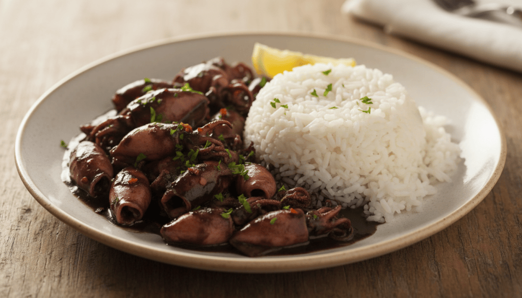 Chipirones en su tinta con salsa negra brillante y guarnición de arroz blanco en un plato