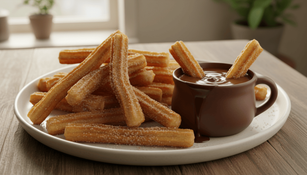 Fuente de churros caseros dorados y estriados junto a una taza de chocolate espeso, sobre una mesa de cocina
