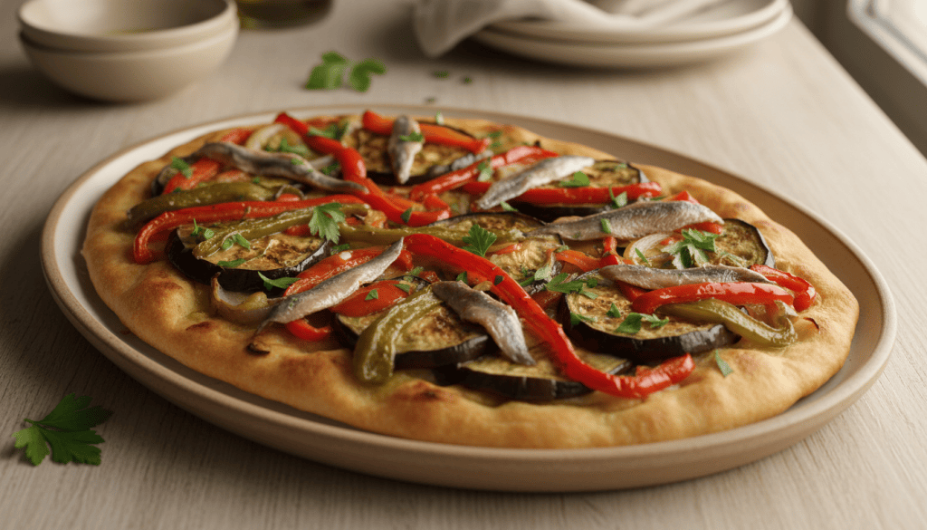 Coca de recapte catalana con masa dorada, tiras de pimiento y berenjena asados y anchoas, presentada sobre una fuente