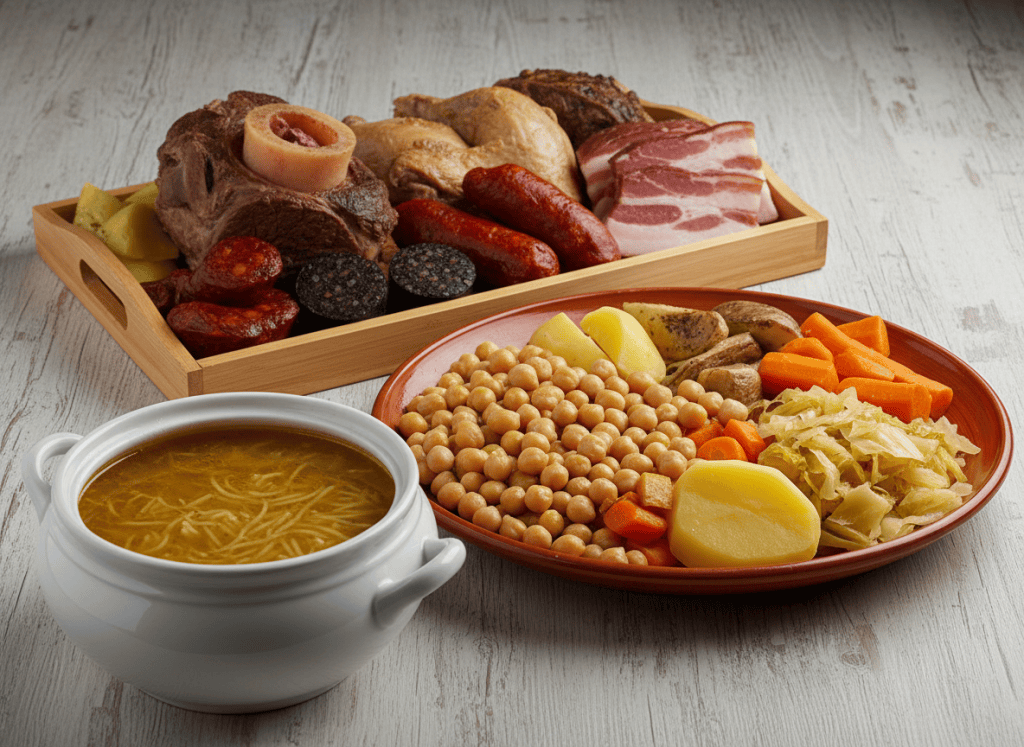 Cocido madrileño servido en tres vuelcos con sopa de fideos, garbanzos y verduras, y fuente de carnes y embutidos