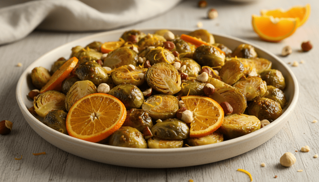 Fuente de coles de Bruselas asadas con glaseado de naranja y mostaza, terminadas con avellanas tostadas
