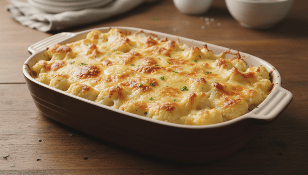 Fuente de coliflor gratinada con bechamel cremosa y queso dorado al horno