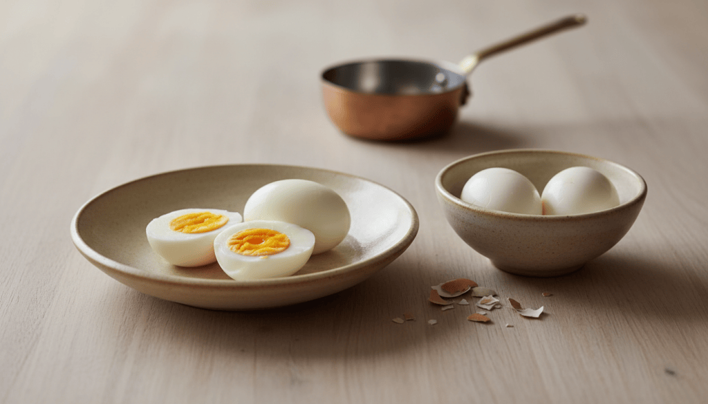 Huevos duros pelados y partidos por la mitad junto a huevos cocidos con cáscara en una mesa de cocina.