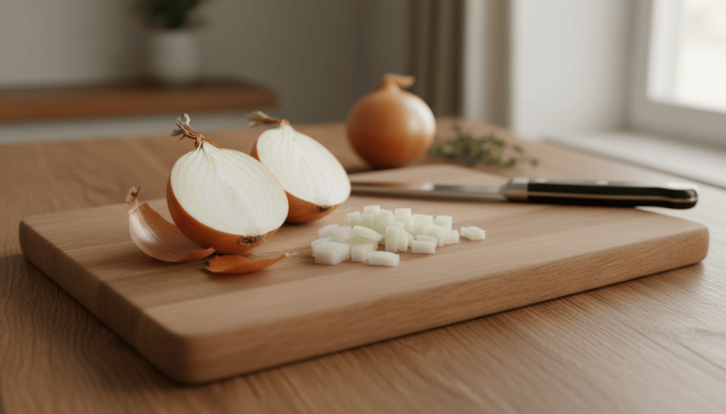 Cebolla cortada en una tabla de madera junto a un cuchillo de cocina, fotografiada en perspectiva de tres cuartos.